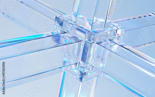 Abstract background with glass shape and colorful reflections. Close up view. 3d rendering.