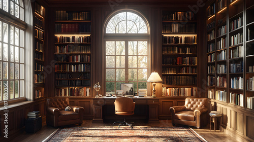 Elegant and Cozy Study Room with Dark Wood Bookshelves and Vintage Decor, Creating a Warm Atmosphere for Reading and Relaxation, Perfect for Themes of Sophistication, Comfort, and Intellectual Pursuit