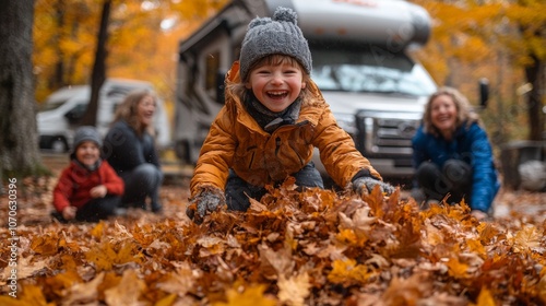 A young boy with a big smile is playing in a mound of colorful autumn leaves, while friends laugh and enjoy the crisp air near a camper under golden trees.