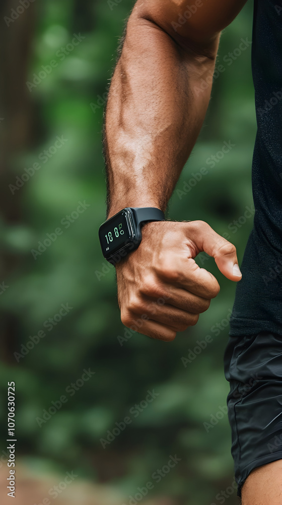A close-up of a fitness tracker on a person’s wrist while running, perfect for health tech brands.
A close-up of a fitness tracker on a person’s wrist while running, perfect for health tech brands.