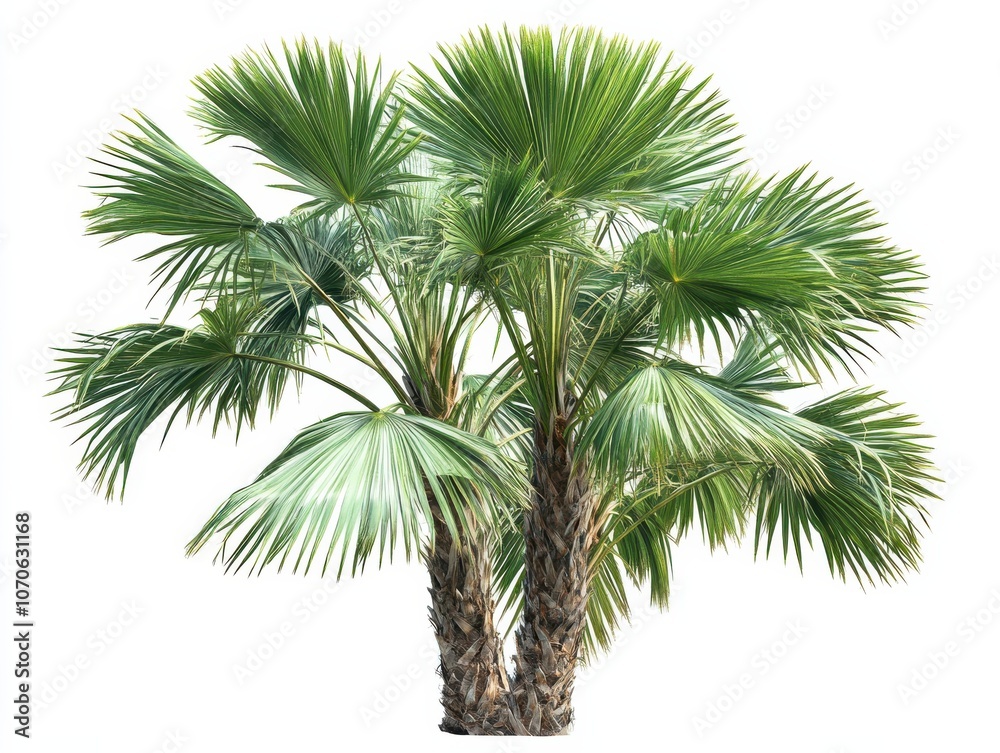 Fototapeta premium A lush, green palm tree with multiple trunks stands tall against a white background.