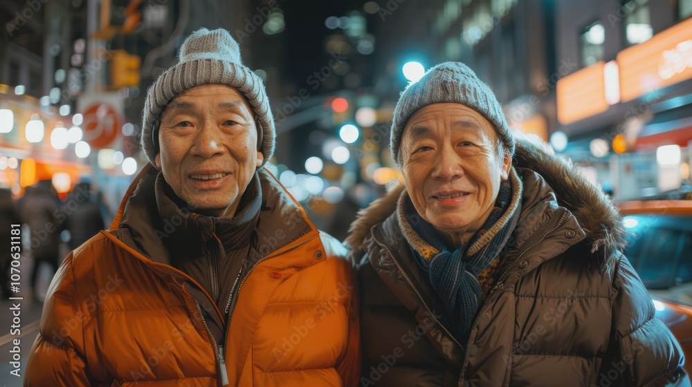Retired friends enjoy winter travel together while showcasing outdoor fashion Retired friends enjoy winter travel together while showcasing outdoor fashion