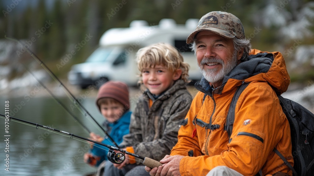 Fototapeta premium A grandfather smiles while fishing with his two grandsons at a tranquil lake. The family enjoys bonding over the peaceful outdoor experience.