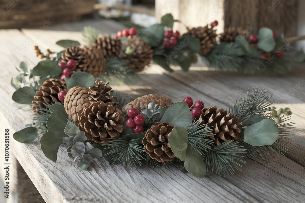 Rustic Christmas wreath made of pine cones, red berries, and greenery on a wooden table Rustic Christmas wreath made of pine cones, red berries, and greenery on a wooden table