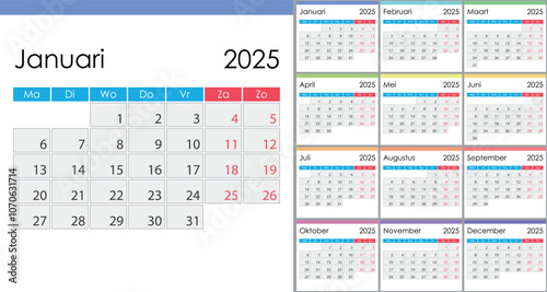 Calendar 2025 on Dutch language, week start on Monday