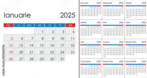 Calendar 2025 on Romanian language, week start on Sunday