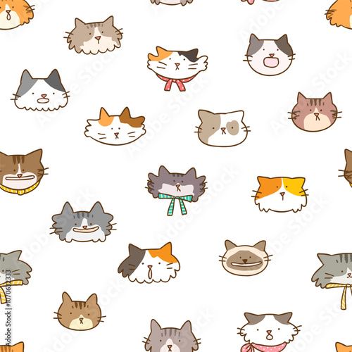 Seamless Pattern of Cartoon Cat Face Design on White Background