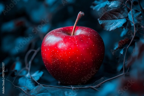 Dark, mystical apple with a deep red glow, surrounded by dark vines and a shadowed background photo