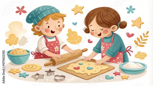 Happy children baking cookies together with rolling pin and cookie cutters on white background