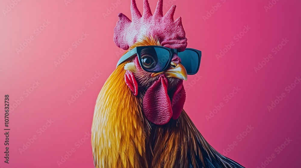Rooster with black sunglasses on a pink background