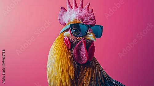 Obraz na płótnie Rooster with black sunglasses on a pink background w salonie