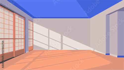 Flat vector illustration of empty room with a pink wall, big panoramic window. Interior design background, banner.	