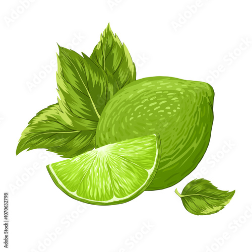 Limes, mint composition vector illustration. Mojito bundle. Whole and cut lime slice, peppermint leaves. Organic fruits for lemonade juice, cocktails, healthy food. Hand drawn print on white