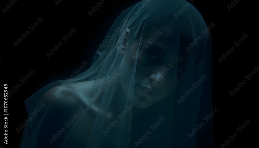 Woman ethereal ghost isolated on a black background with copy space Woman ethereal ghost isolated on a black background with copy space