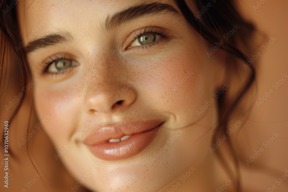 Portrait of a smiling woman with glowing skin against a brown background, showcasing beauty, skincare, and makeup routine for healthy complexion Portrait of a smiling woman with glowing skin against a brown background, showcasing beauty, skincare, and makeup routine for healthy complexion