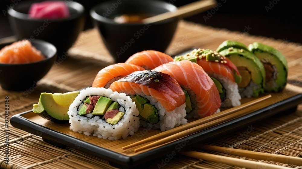 A beautifully arranged platter of sushi featuring salmon, avocado, and rice, served with soy sauce. A beautifully arranged platter of sushi featuring salmon, avocado, and rice, served with soy sauce.