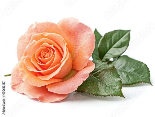 A single peach rose with green leaves on a white background.