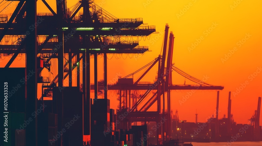 Silhouetted crane and container against a vibrant sunset sky at a shipping port. Silhouetted crane and container against a vibrant sunset sky at a shipping port.
