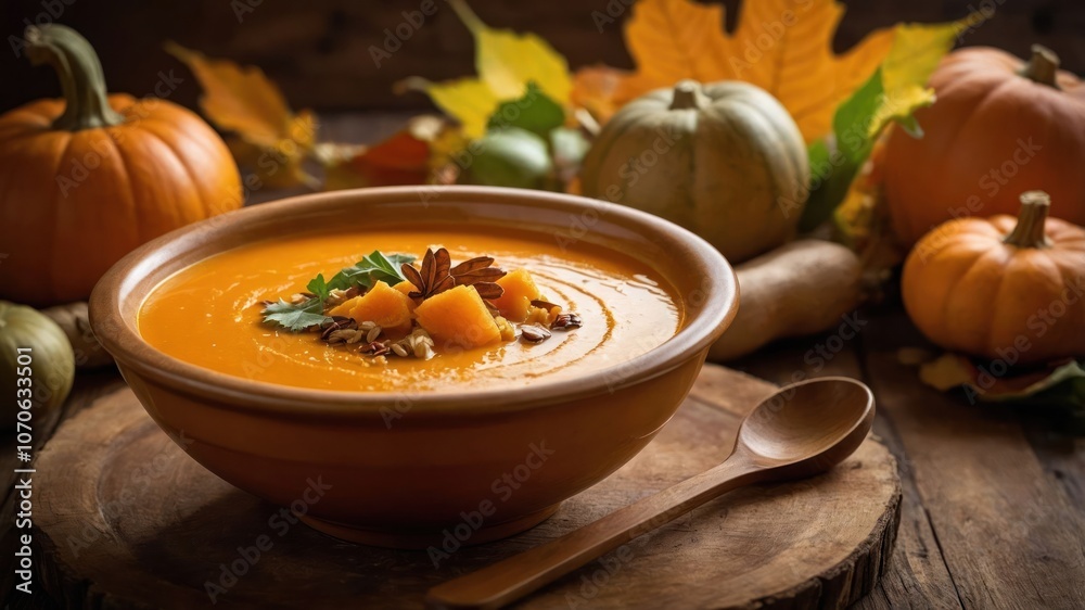 A warm bowl of pumpkin soup surrounded by autumn leaves and pumpkins. A warm bowl of pumpkin soup surrounded by autumn leaves and pumpkins.