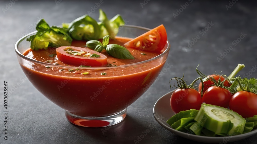 A bowl of vibrant tomato soup garnished with fresh vegetables and herbs. A bowl of vibrant tomato soup garnished with fresh vegetables and herbs.