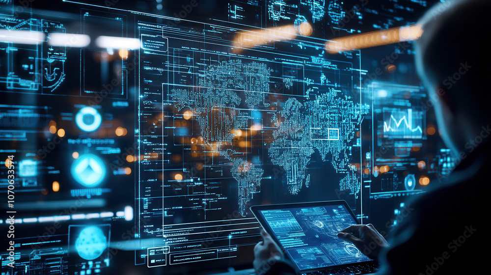person using tablet in high tech environment with digital maps and data visualizations. atmosphere is futuristic and innovative, showcasing advanced technology person using tablet in high tech environment with digital maps and data visualizations. atmosphere is futuristic and innovative, showcasing advanced technology