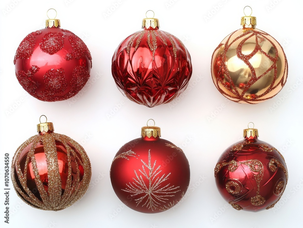 Six Christmas ornaments in red and gold with sparkling glitter, perfect for adding festive cheer to your holiday decor. Six Christmas ornaments in red and gold with sparkling glitter, perfect for adding festive cheer to your holiday decor.