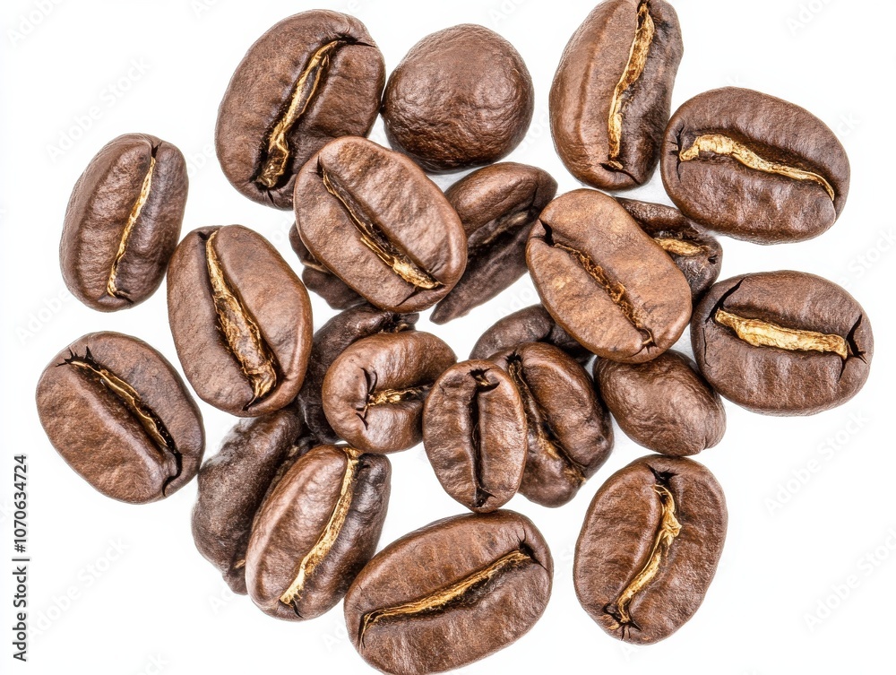 Obraz premium Close-up of roasted coffee beans, showcasing their rich brown color and intricate details.