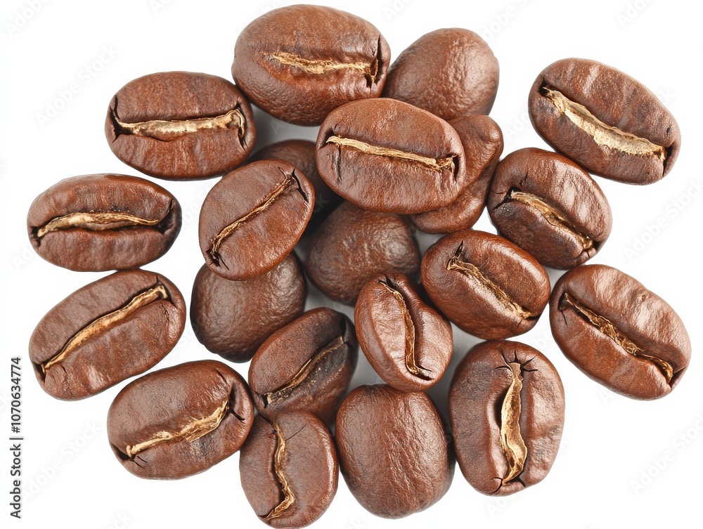 A close-up of roasted coffee beans against a white background.