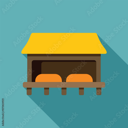 Simple wooden bungalow with yellow roof and orange pillows offering a peaceful retreat