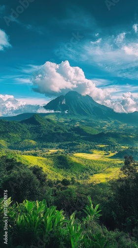 Mount Choungui rises majestically with lush green slopes and clouds under the bright blue sky showcasing natural beauty and grandeur photo