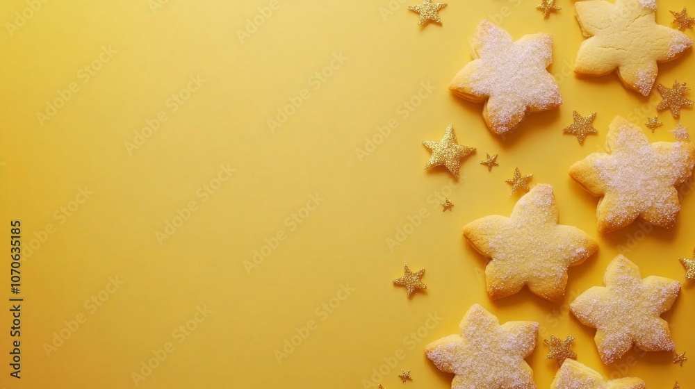 A yellow background with a row of star shaped cookies A yellow background with a row of star shaped cookies