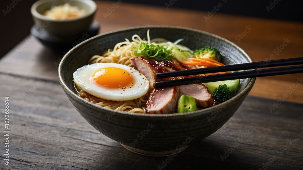 A bowl of ramen with sliced meat, egg, and vegetables, served with chopsticks. A bowl of ramen with sliced meat, egg, and vegetables, served with chopsticks.