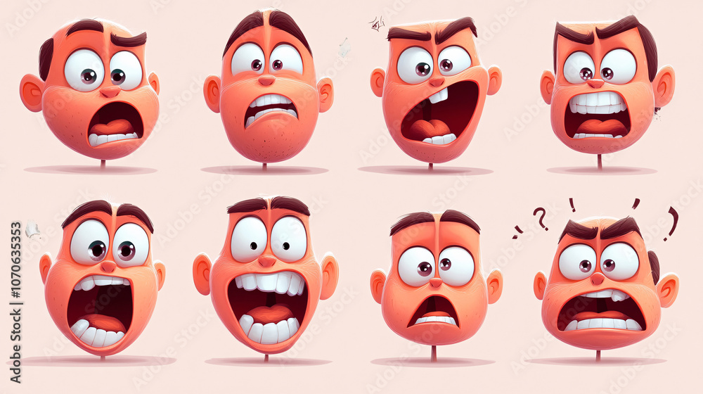 A series of vector illustrations featuring a woman with various expressions, such as cheerful, grimace, and stress. The images are designed in a cartoon style and include both happy and sad emotions. A series of vector illustrations featuring a woman with various expressions, such as cheerful, grimace, and stress. The images are designed in a cartoon style and include both happy and sad emotions.