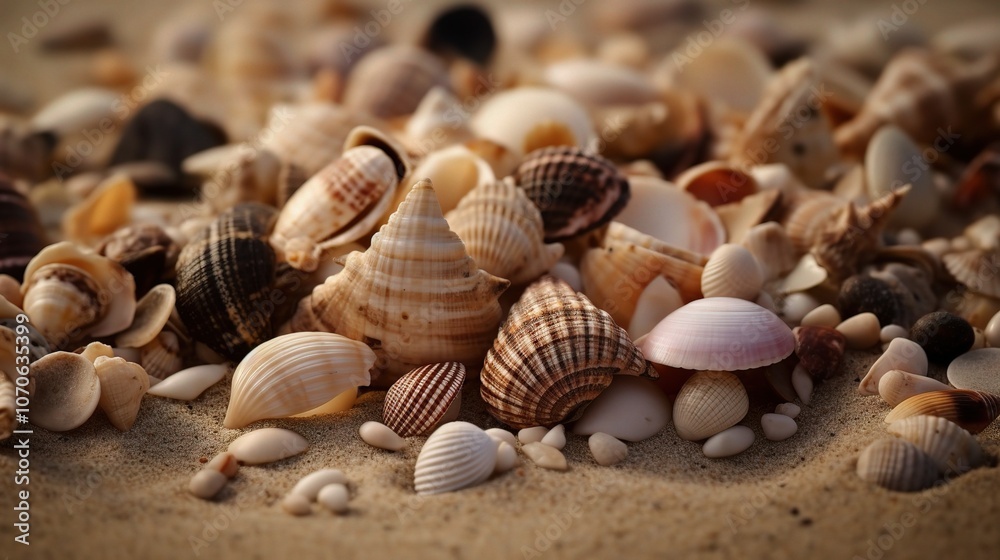 Diverse Collection of Seashells on Sandy Beach Diverse Collection of Seashells on Sandy Beach