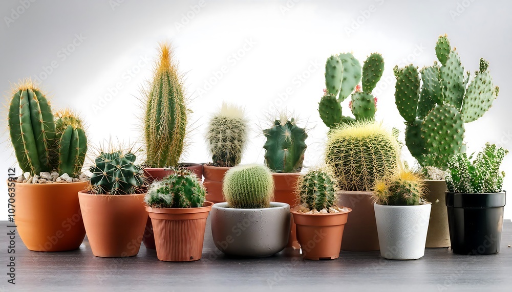 A small, potted cactus plant with sharp thorns, isolated on a white background A small, potted cactus plant with sharp thorns, isolated on a white background