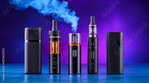 variety of vape devices lined up, showcasing different styles and colors, with vapor rising from one device, creating dynamic and modern atmosphere