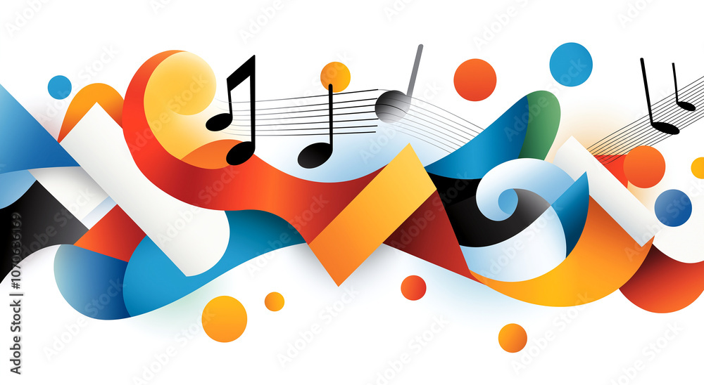 Abstract musical background with colorful notes and flowing lines evokes creativity and rhythm. Perfect for music related projects