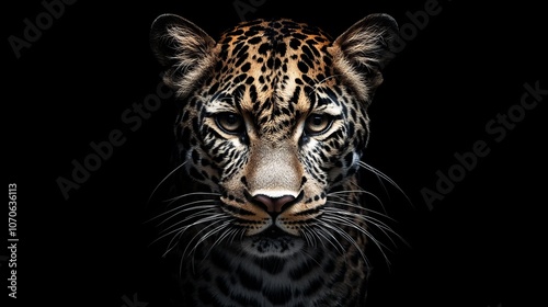 A detailed portrait of a leopard against a dark background, showcasing its striking features.