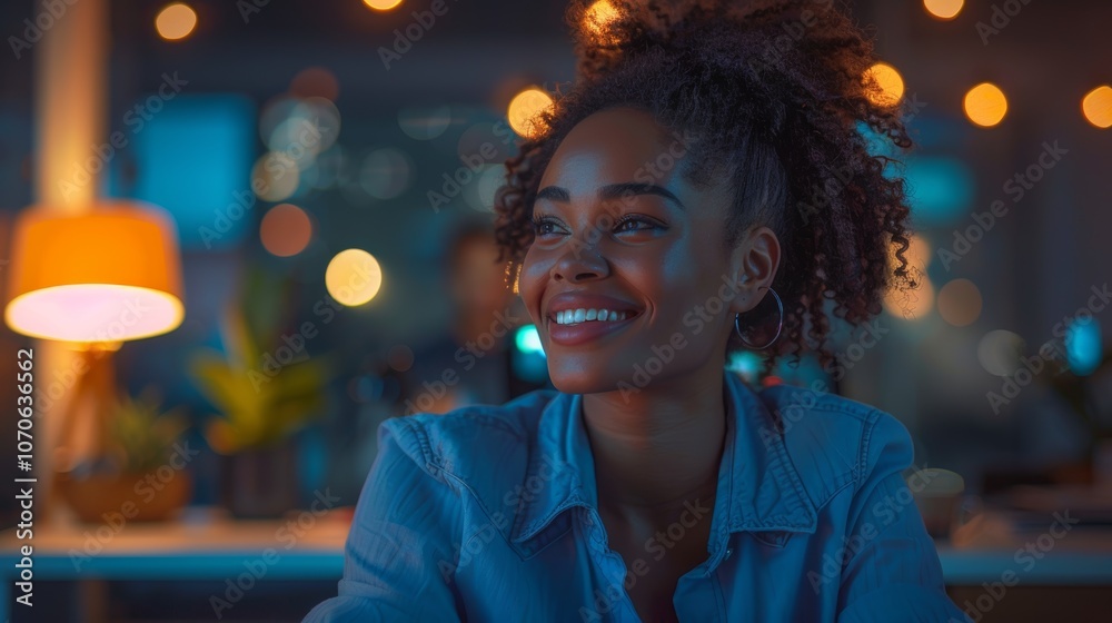 Woman with a computer and planner, working overtime in an office setting. Smiling at desk as a receptionist or secretary during evening hours at a startup Woman with a computer and planner, working overtime in an office setting. Smiling at desk as a receptionist or secretary during evening hours at a startup