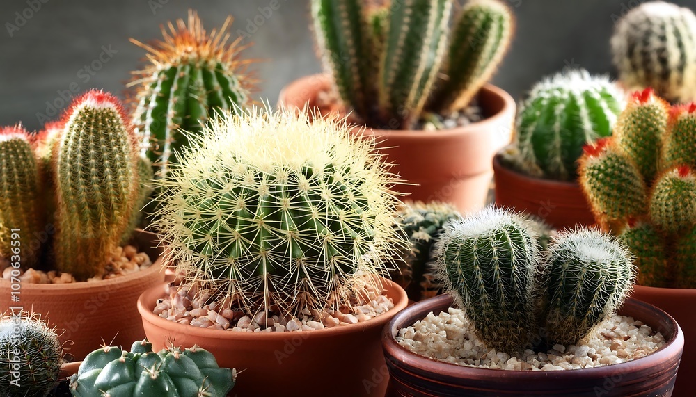 A small, potted cactus plant with sharp thorns, isolated on a white background