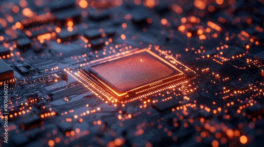 Close-up of Glowing Microchip on Circuit Board Close-up of Glowing Microchip on Circuit Board