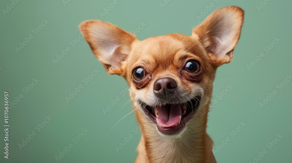 Joyful dog posing against a solid green backdrop Joyful dog posing against a solid green backdrop