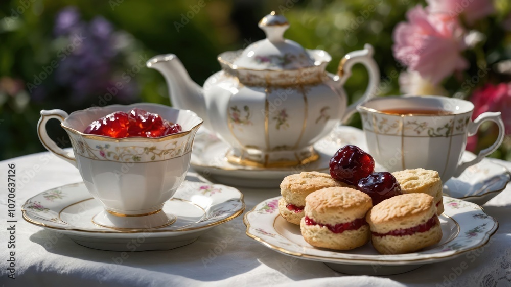 A delightful afternoon tea setting with scones, jam, and a teapot amidst a garden backdrop. A delightful afternoon tea setting with scones, jam, and a teapot amidst a garden backdrop.