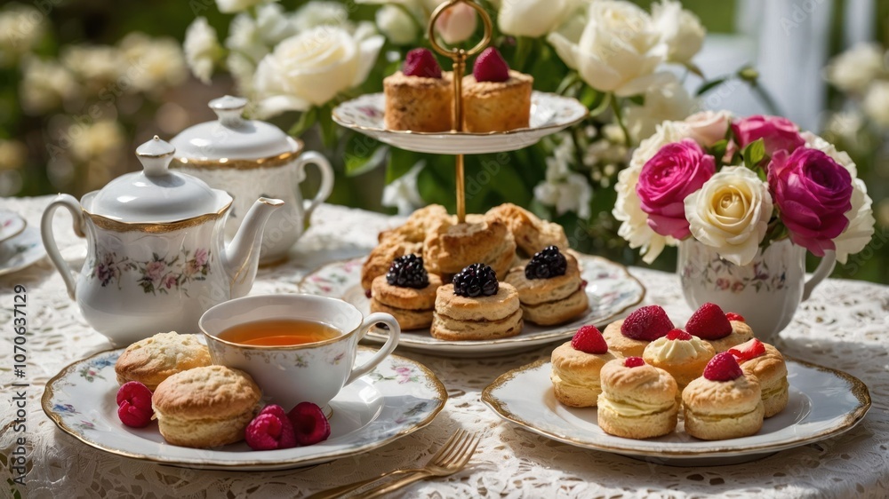 A beautiful afternoon tea setup featuring scones, pastries, tea, and flowers. A beautiful afternoon tea setup featuring scones, pastries, tea, and flowers.