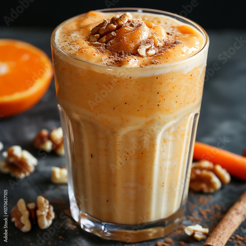 A delicious-looking orange and carrot smoothie with walnuts and cinnamon, perfect for a healthy and refreshing snack or breakfast