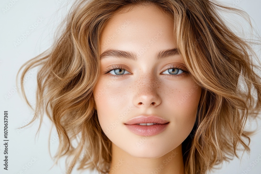 Portrait of a woman with wavy, tousled hair and minimal makeup, highlighting natural beauty