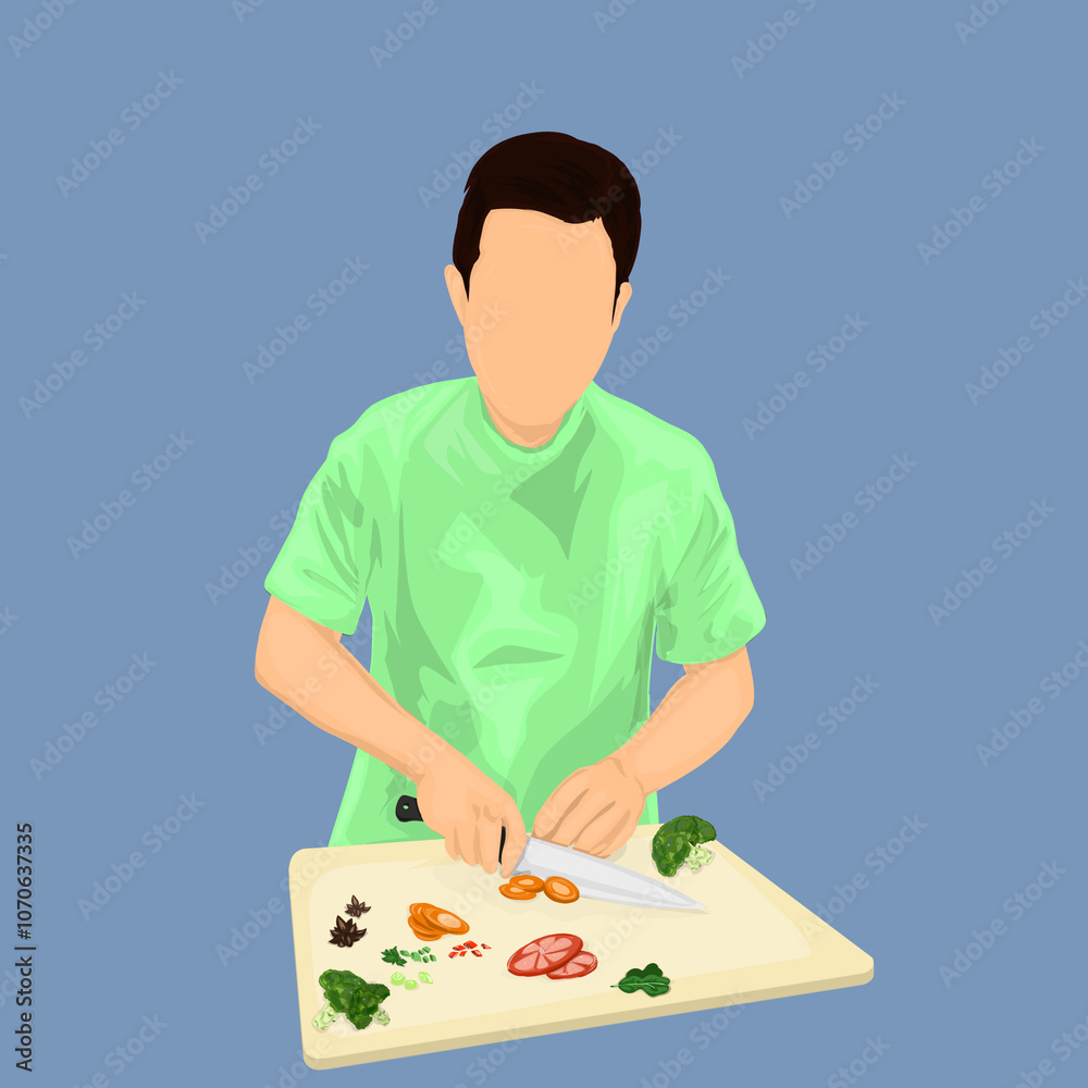 illustration of cooking process, a man cutting vegetables to cook illustration of cooking process, a man cutting vegetables to cook