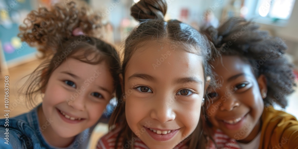 Selfie capturing diverse children bonding at a school campus, showcasing smiles and friendship in an educational setting
