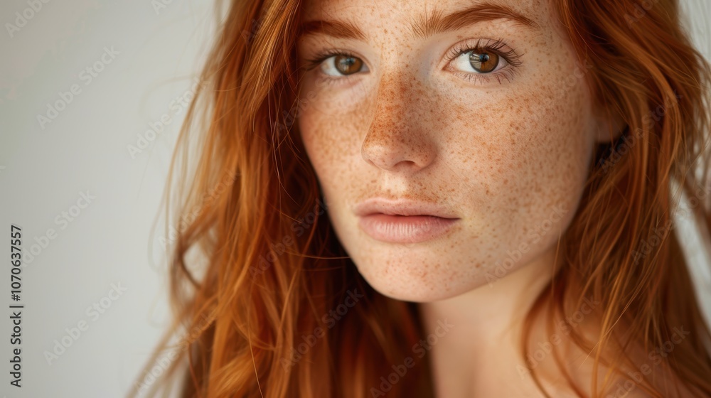 Model portrait with freckled skin and makeup. Captured in natural light for a fashion editorial theme Model portrait with freckled skin and makeup. Captured in natural light for a fashion editorial theme