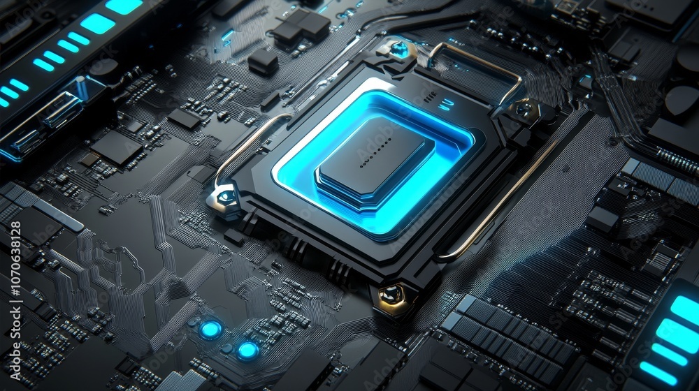 A close-up view of a computer motherboard with a blue-lit processor socket. A close-up view of a computer motherboard with a blue-lit processor socket.